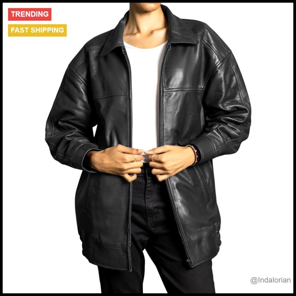 Oversized Lambskin Leather Jacket Chic Classic Motorcycle Style Fall Outerwear